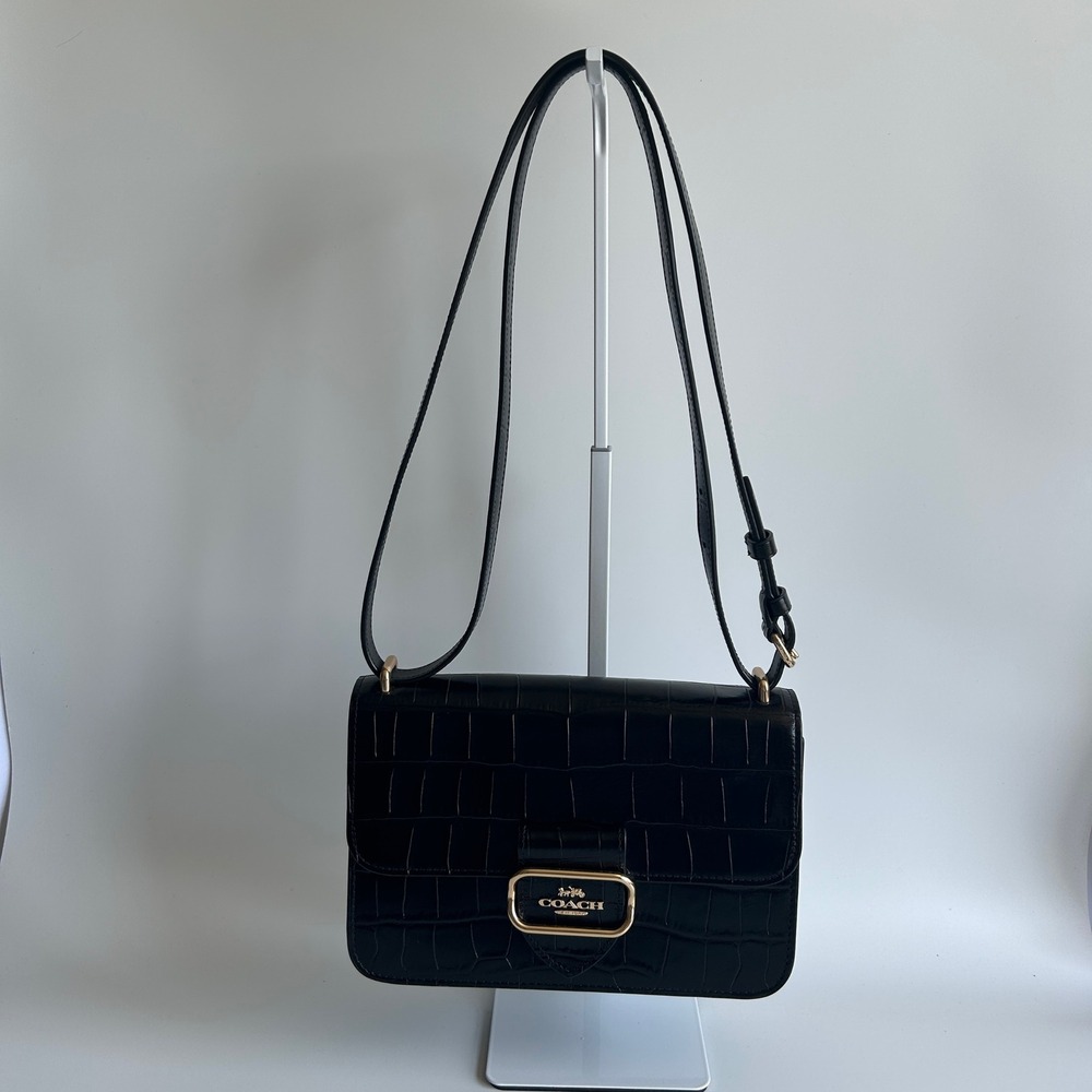 Coach Morgan Square Black Crocodile Embossed Leather Crossbody Bag Excellent